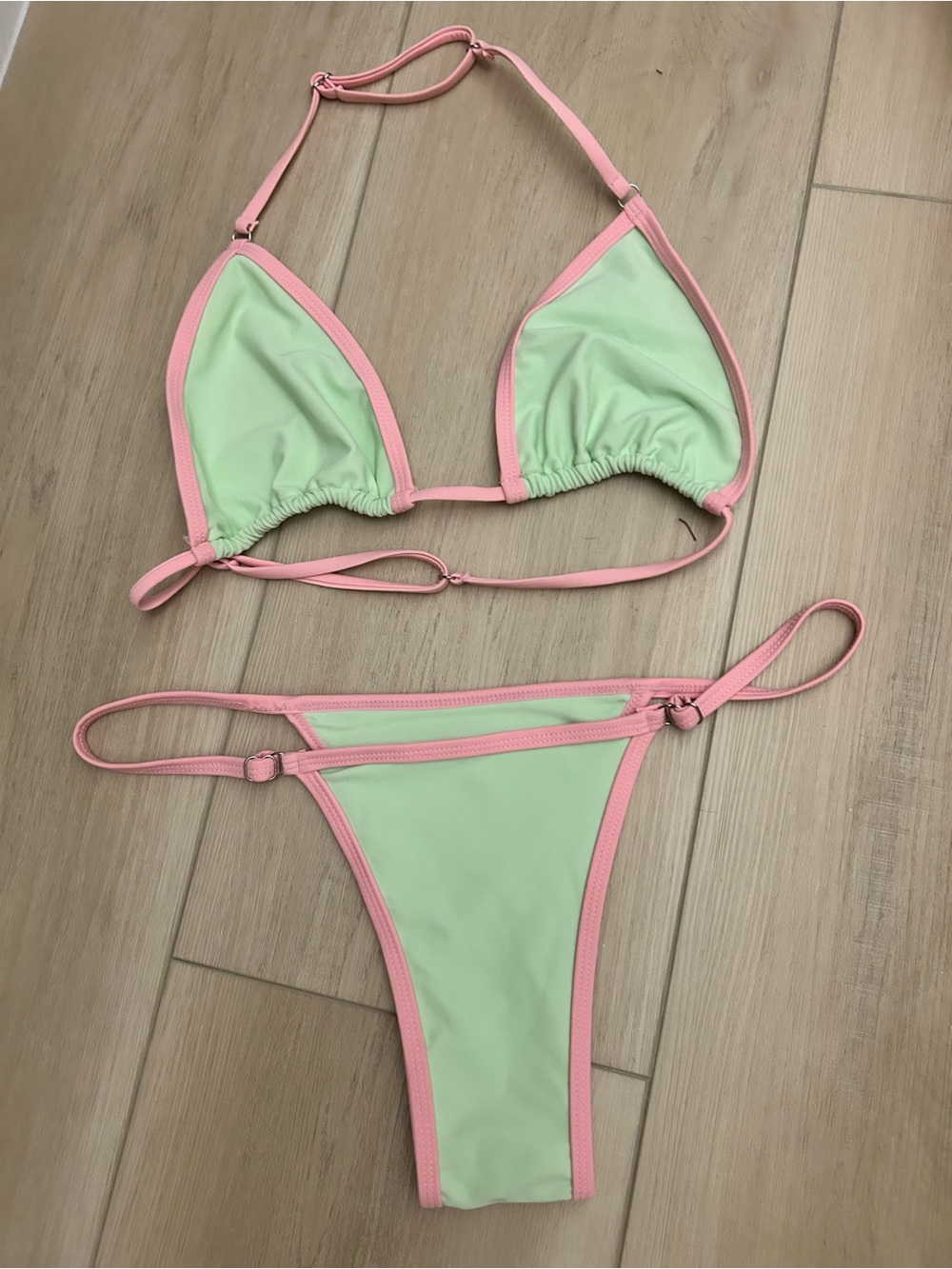 Mint Green and Pink Contrast String Bikini